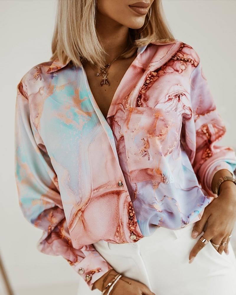 

Marble Print Long Sleeve Button Down Shirt, Multicolor