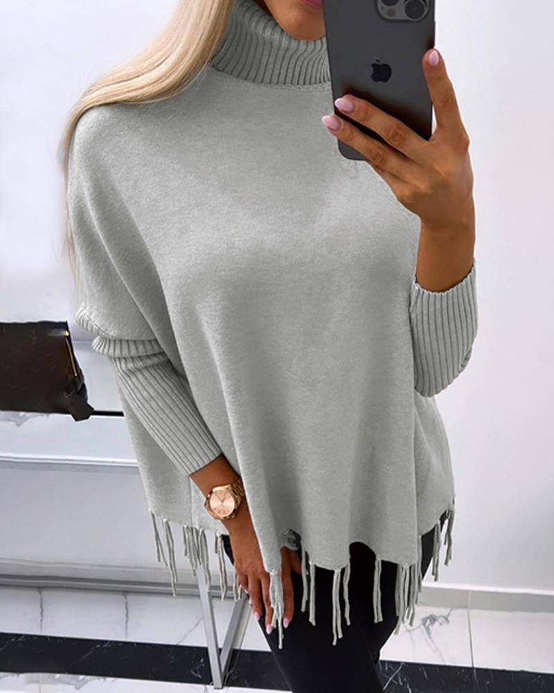 

Turtleneck Long Sleeve Tassel Design Knit Sweater, Gray