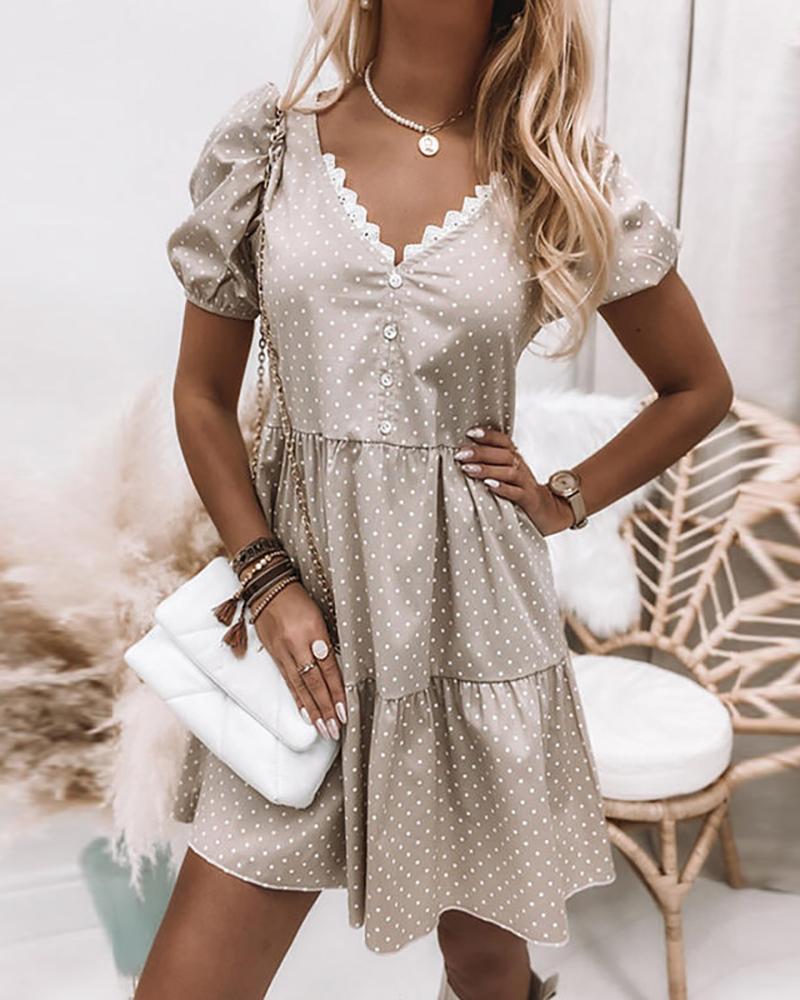 

Polkadot Print Puff Sleeve Lace Trim Dress, Khaki