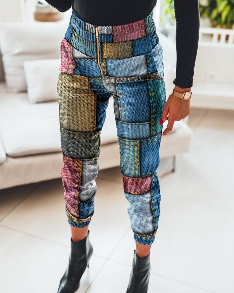 

Denim Look Print Zip Detail High Waist Cuffed Pants, Multicolor