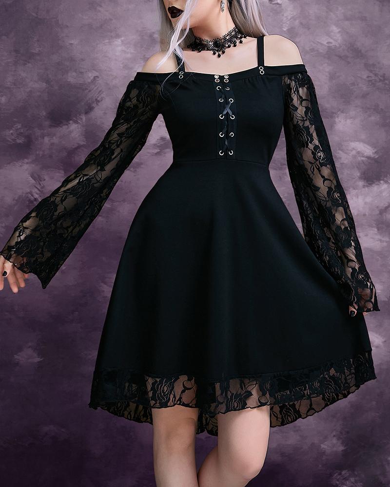 

Cold Shoulder Bell Sleeve Gothic Lace-up Crochet Lace Dress, Black