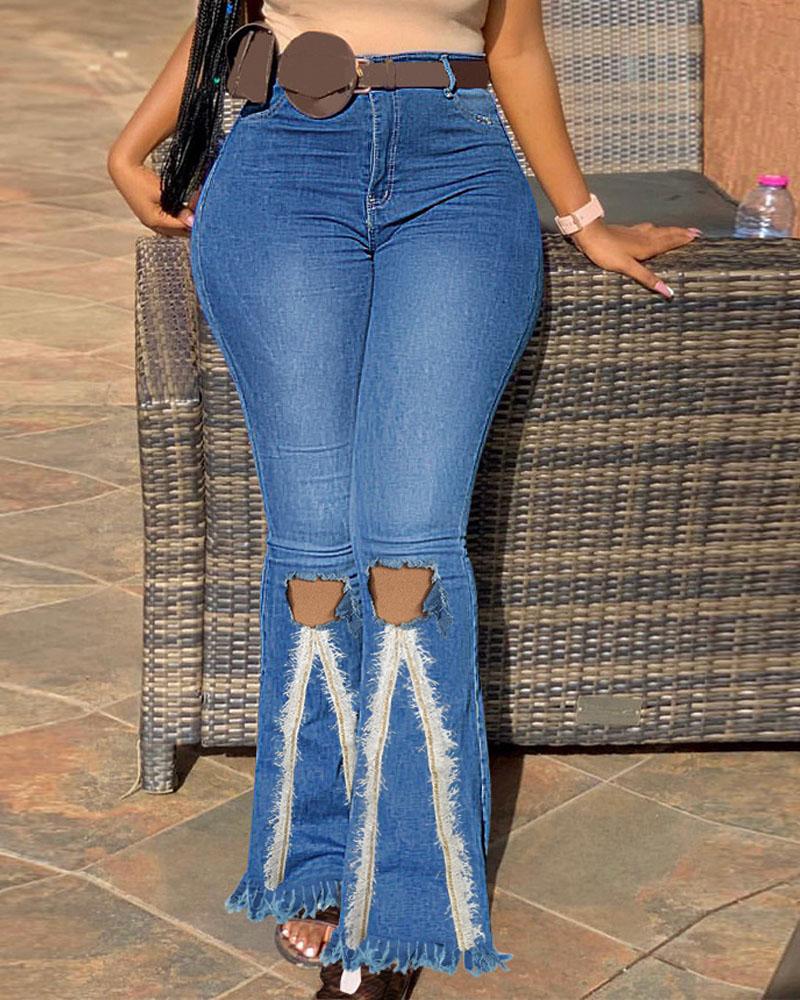 

Zipper Fly Cutout Raw Hem Flare Leg Jeans, Blue