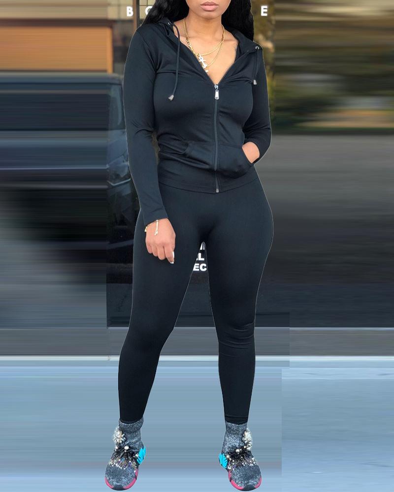 

Long Sleeve Zip Up Hooded Top & Pants Set, Black