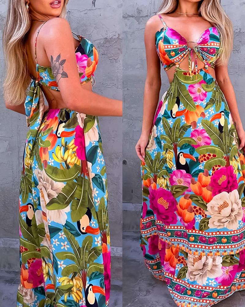 

Tropical Print Backless Hollow Out Dress, Multicolor