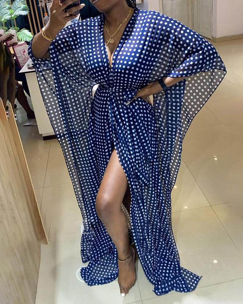 

Polka Dot Print Cape Sleeve High Slit Maxi Dress, Blue