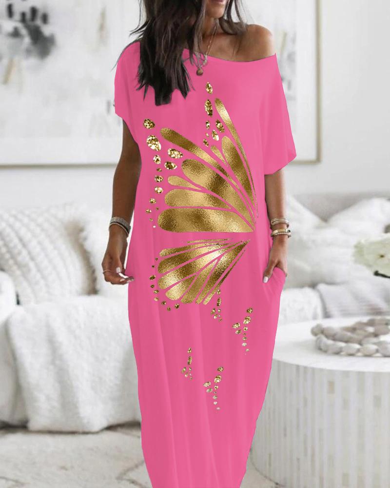 

Metallic Butterfly Pattern Pocket Detail Maxi Dress, Rose red