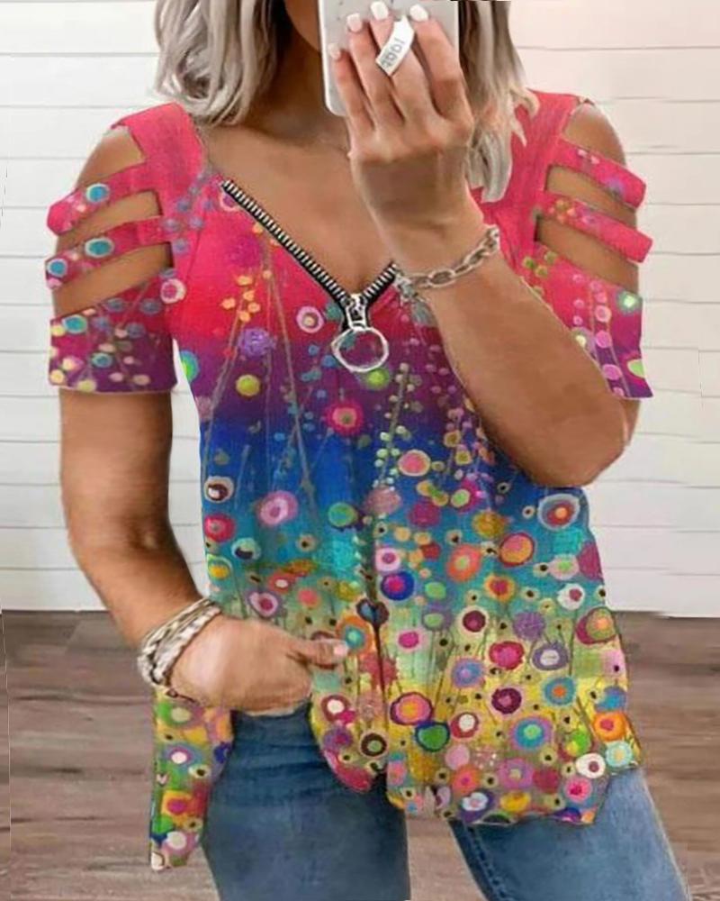 

Plus Size All Over Print Cutout Zipper Design T-Shirt, Multicolor