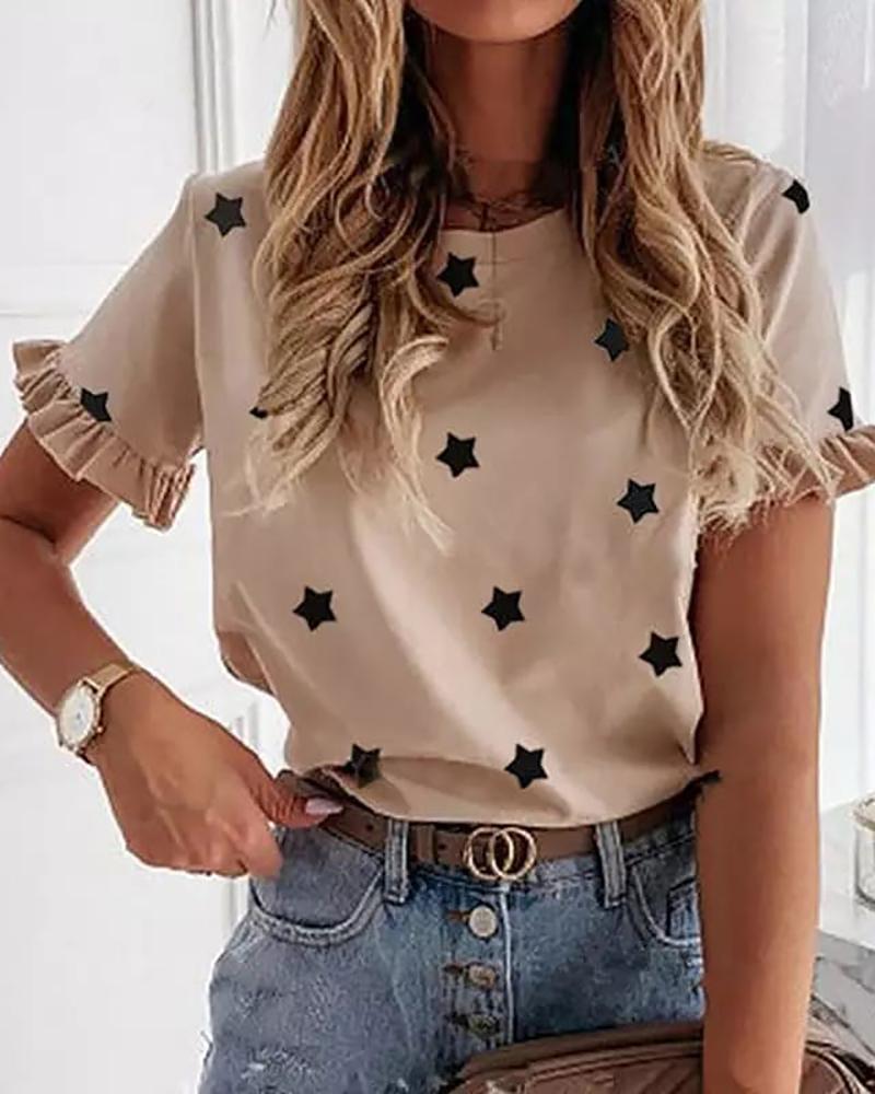 

Star Print Frill Hem Short Sleeve T-shirt, Apricot