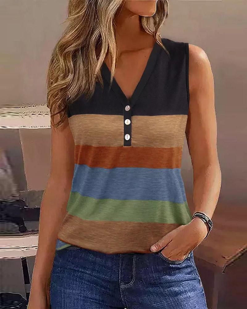 

Colorblock Striped Print Button Detail Tank Top, Multicolor