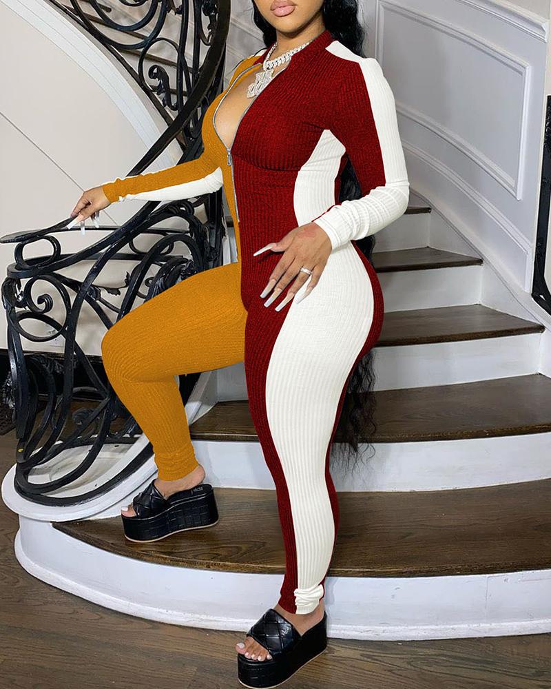 

Colorblock Long Sleeve Skinny Jumpsuit, Wine red