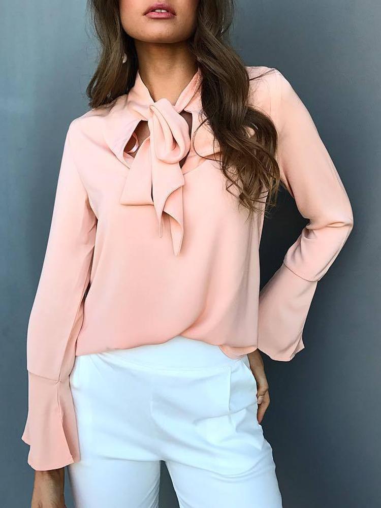 

Stylish Solid Tie Neck Bell Sleeve Top Blouse, Dark blue