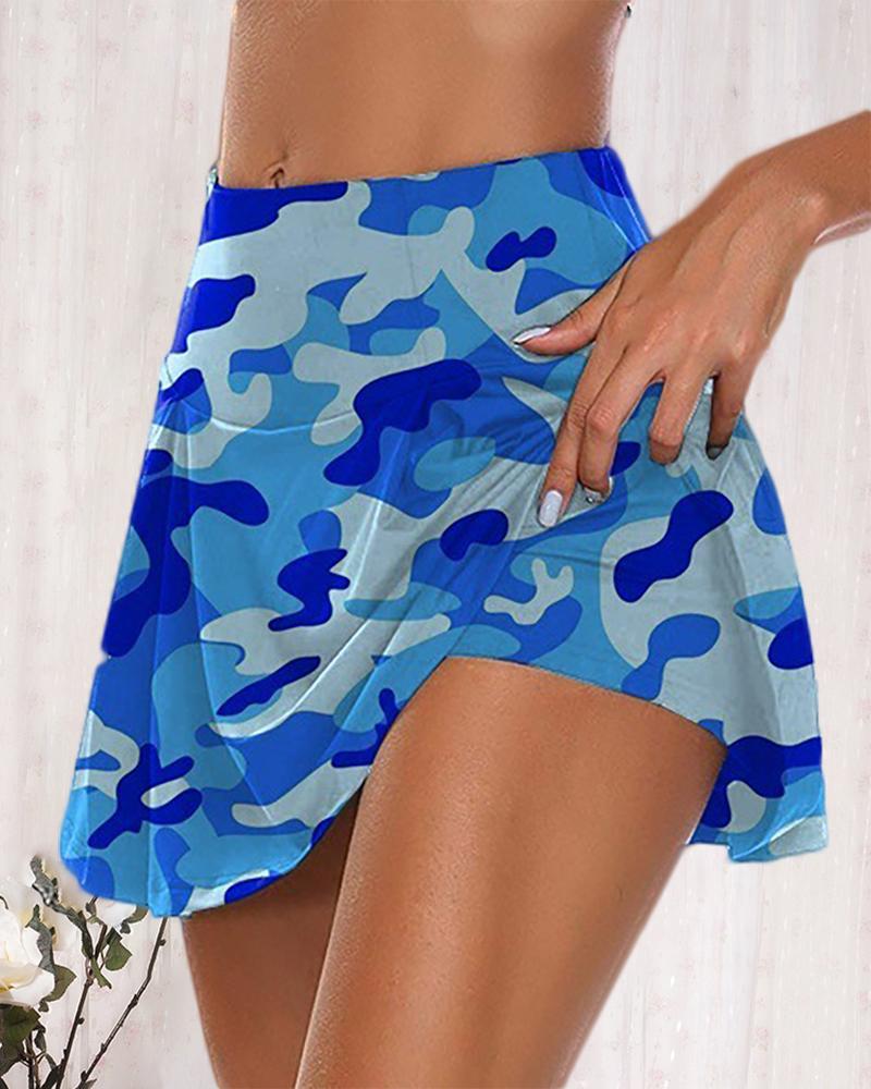 

Camouflage Print High Waist Butt Lifting Skorts, Blue