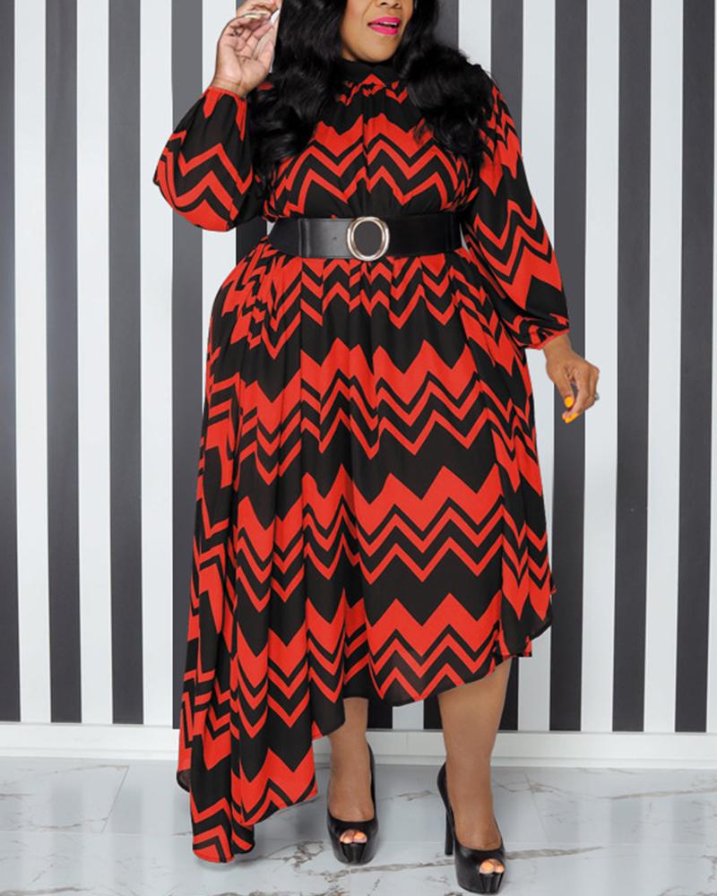

Plus Size Chevron Print Long Sleeve Asymmetrical Dress, Red