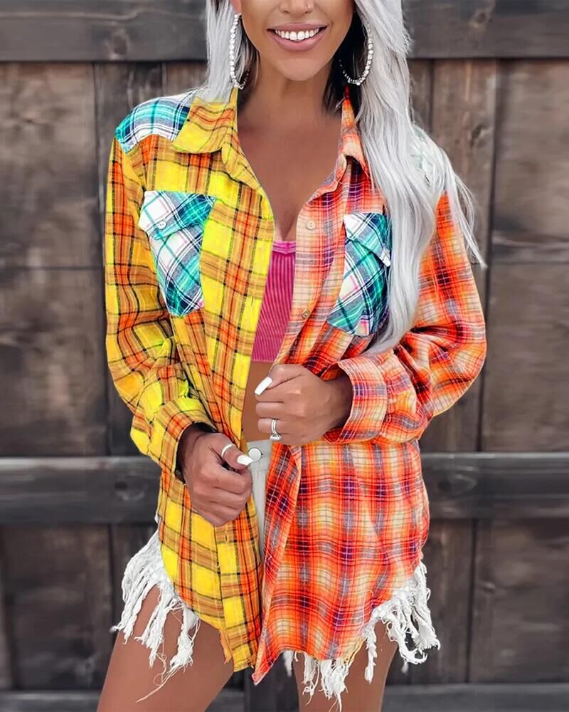 

Colorblock Plaid Print Button Down Shirt, Multicolor