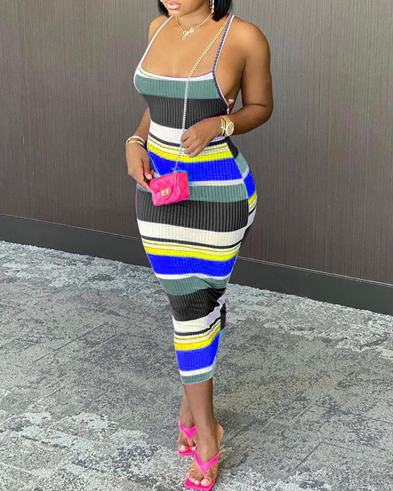 

Striped Colorblock Backless Ribbed Midi Dress, Blue