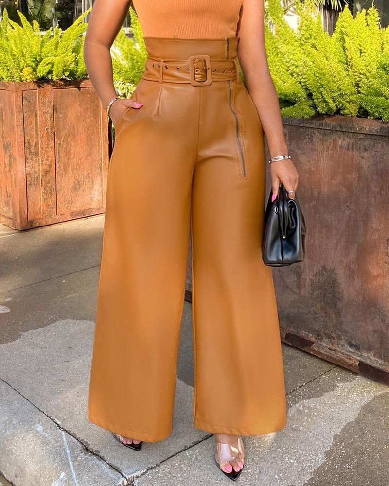 

PU Leather Zipper Pocket Design Wide Leg Pants With Belt, Brown