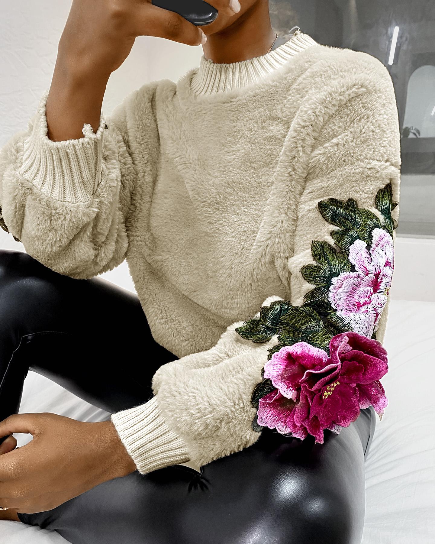 

Floral Pattern Embroidery Fluffy Sweater, Apricot