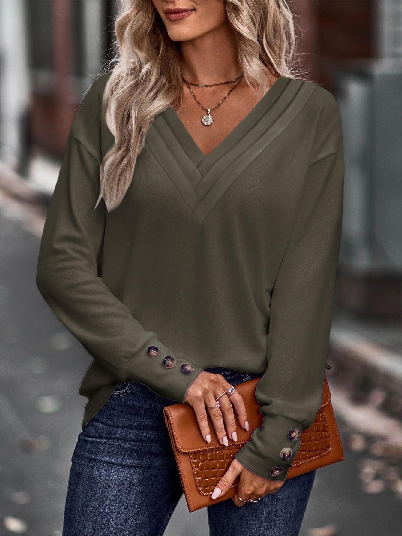 

V-Neck Ruched Button Decor Top, Army green