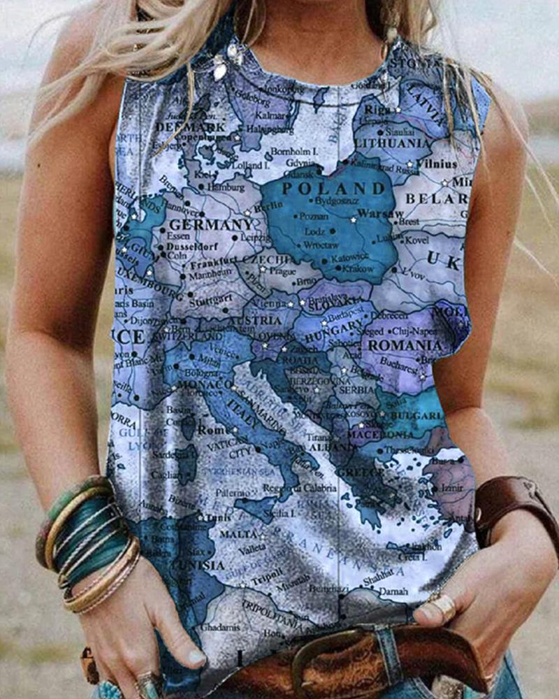 

Sleeveless Map Print Casual Tank Top, Blue