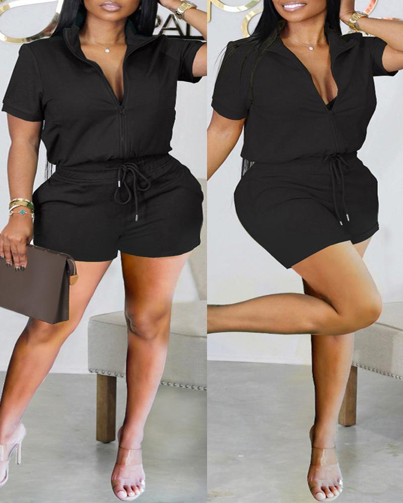 

Plus Size Zip Up Top & Drawstring Shorts Set, Black