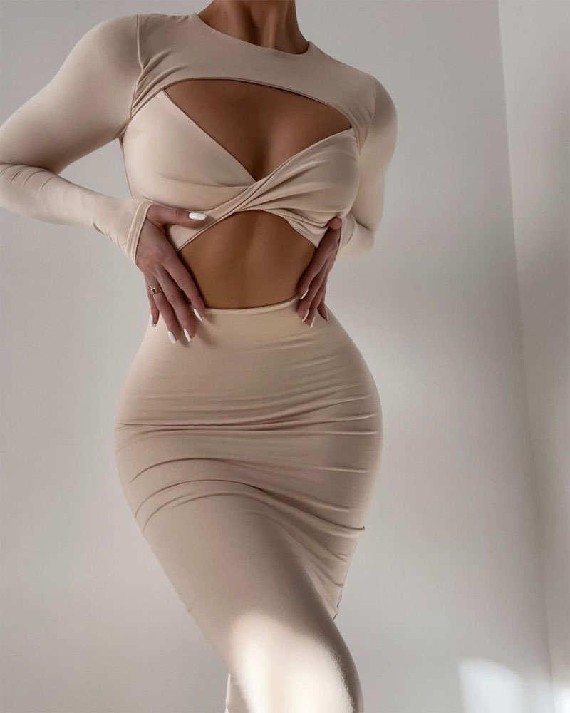 

Cutout Twist Design Bodycon Dress, Apricot