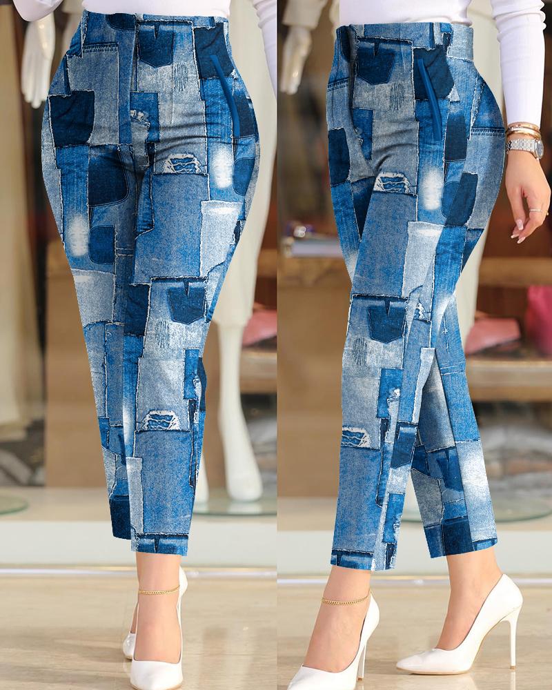 

Denim Look Print High Waist Work Pants, Blue