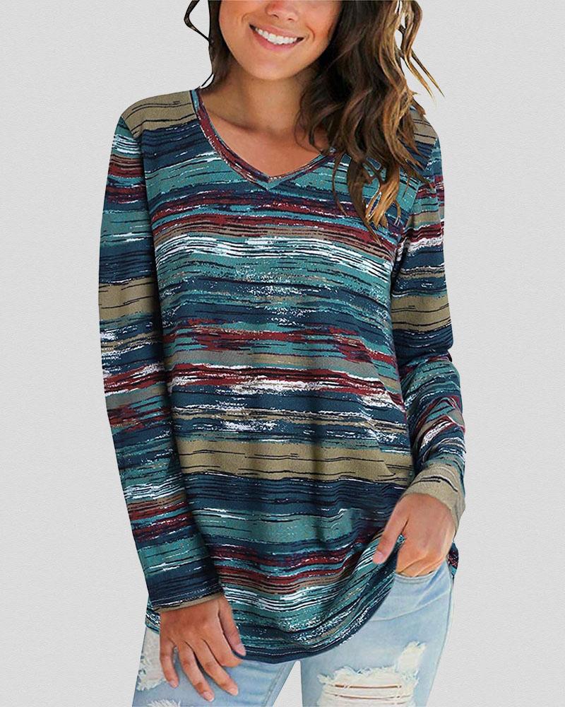 

Rainbow Stripe Long Sleeve Casual Top, Blue