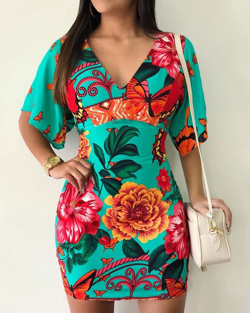 

Floral Print V-Neck Casual Dress, Green
