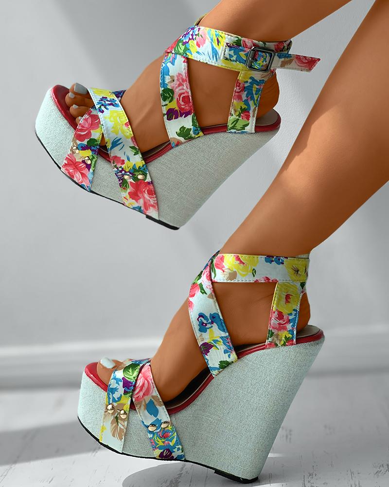 

Floral Print Buckled Peep Toe Wedge Sandals, Multicolor