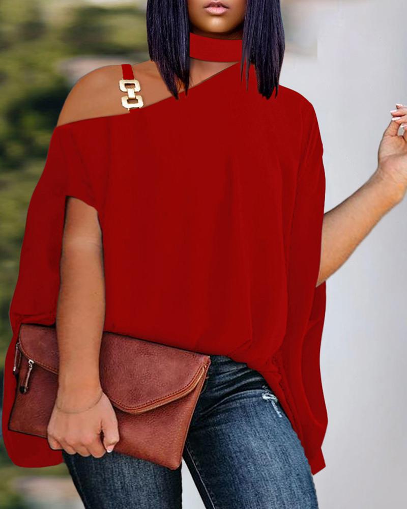 

Plus Size Cold Shoulder Chain Decor Top, Red