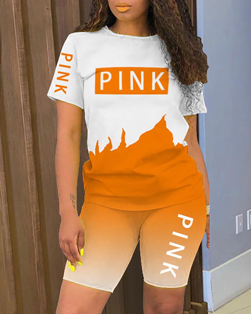

Letter Print Colorblock Short Sleeve Active Sets, Orange
