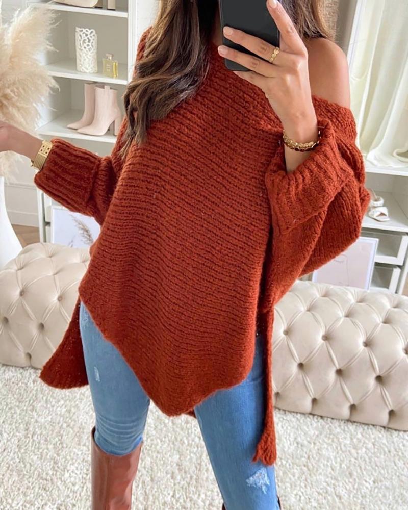 

Plain Slit Dip Hem Long Sleeve Sweater, Red