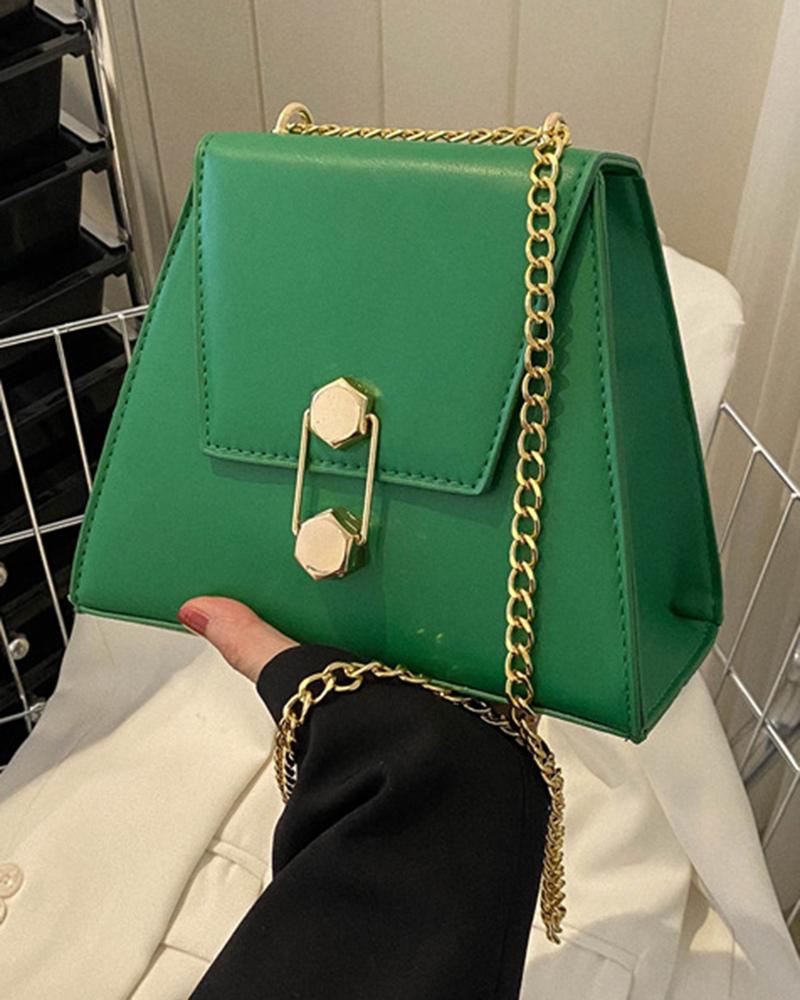 

Chain Strap Trapezoidal Flap Crossbody Bag, Green