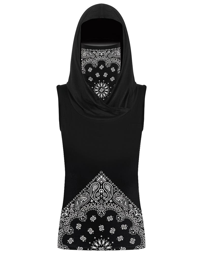 

Paisley Print Hooded Tank Top With Ear Loop Face Bandana, Black
