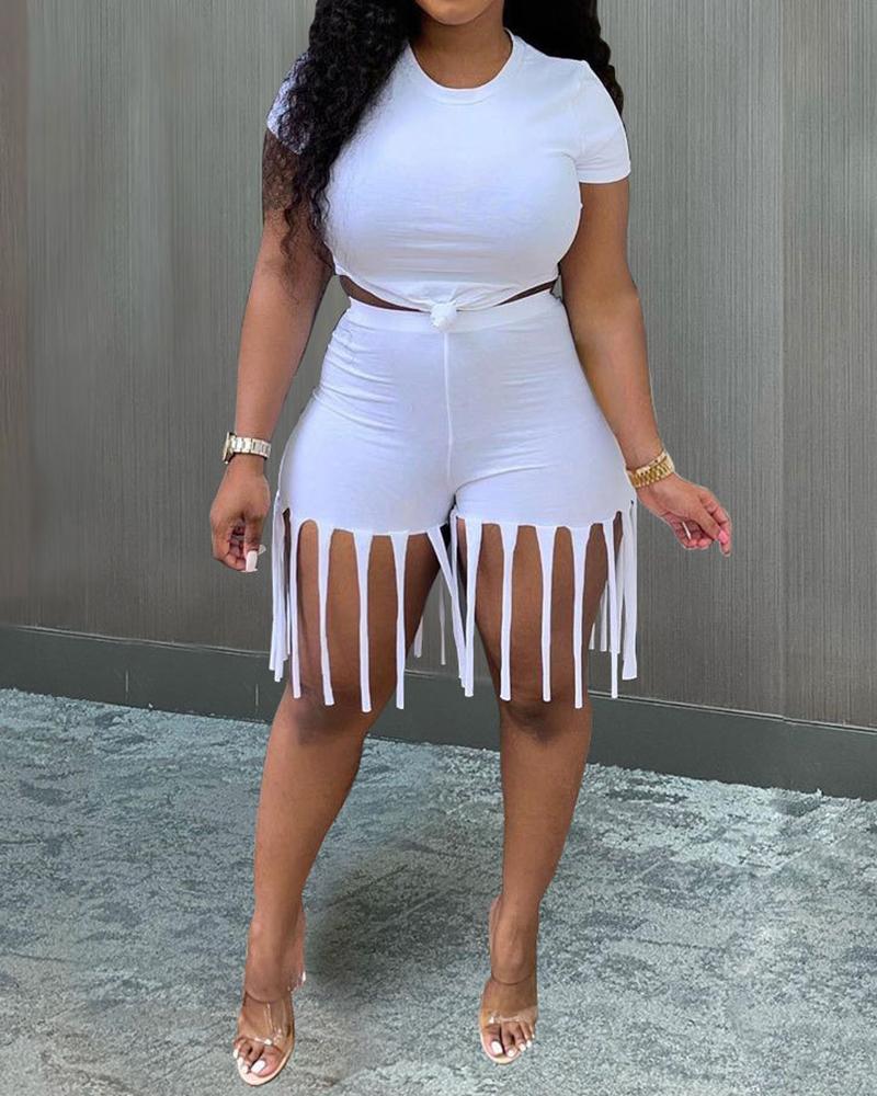 

Short Sleeve T-shirt & Tassel Shorts Set, White