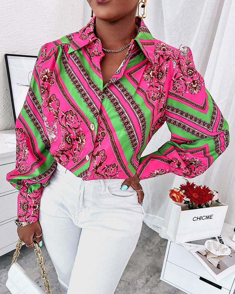 

Scarf Baroque Print Button Down Shirt, Hot pink