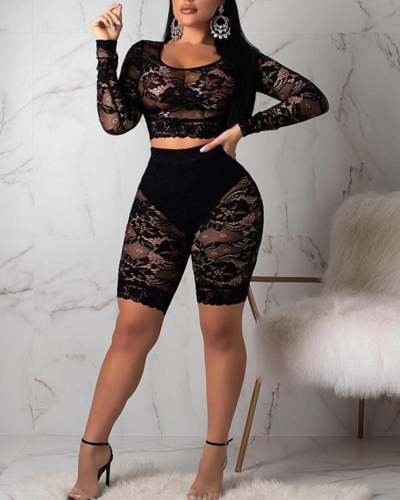 

See Through Floral Crop Top & Shorts Set, Black