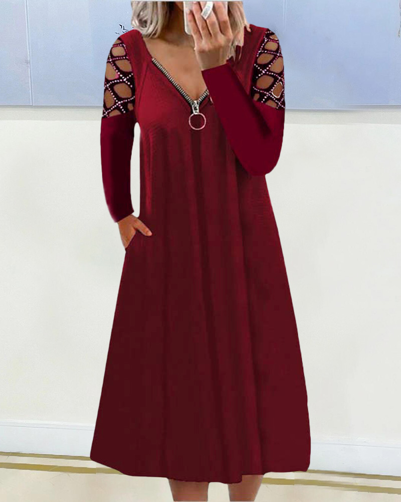

Studded Hollow Out Long Sleeve Zipper Detail Casual Dress, Red