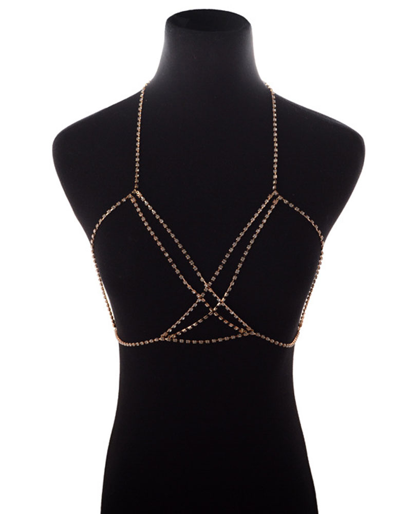 

Rhinestone Decor Criss Cross Body Chain, Gold