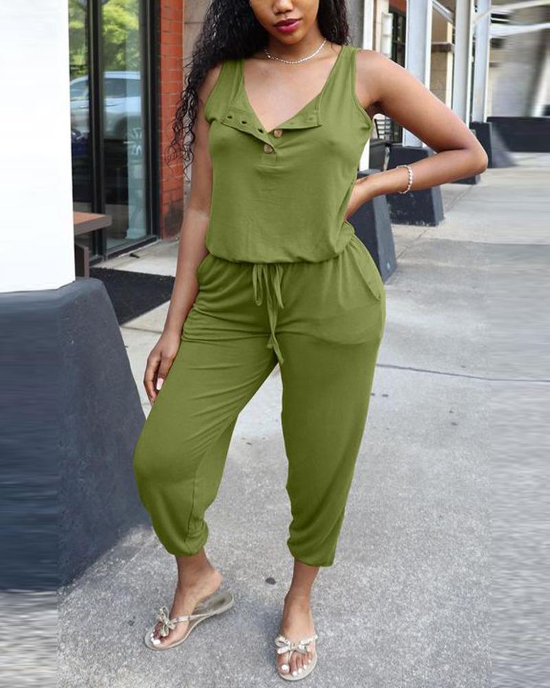 

Drawstring Pocket Design Cuffed Jumpsuit, Green