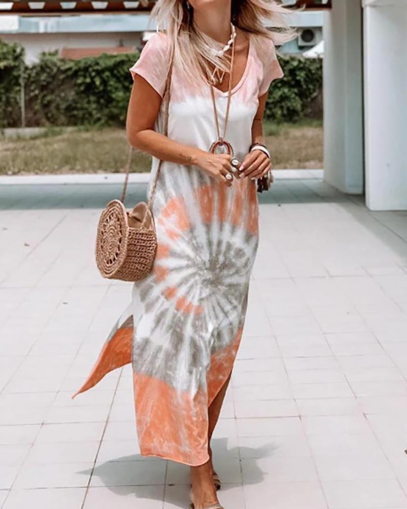 

Tie Dye Print Short Sleeve Maxi Dress, Orange