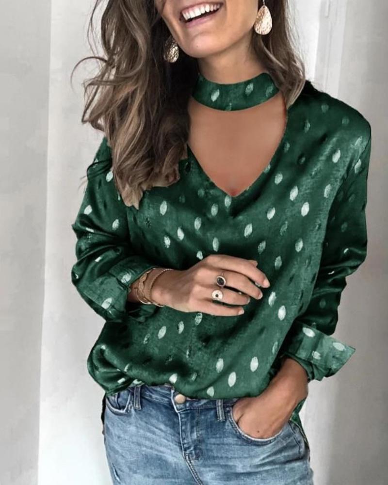 

Dot Cutout Long Sleeve Women Blouse, Green