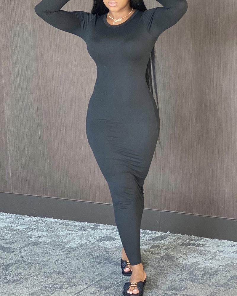 

O Neck Long Sleeve Skinny Maxi Dress, Black