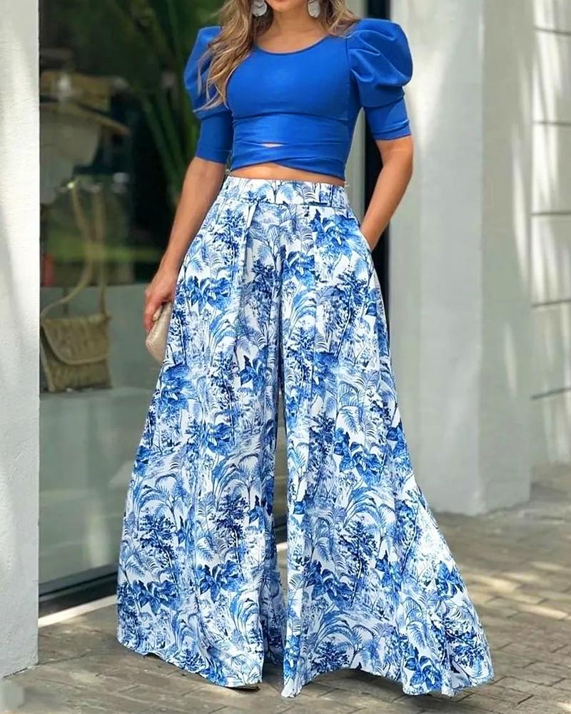 

Puff Sleeve Crop Top & Plants Print Wide Leg Pants Set, Blue