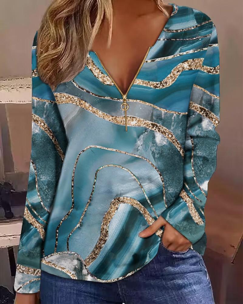 

Marble Print Zip Front Long Sleeve Top, Green