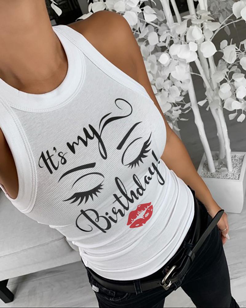 

Letter Eyes Print Ribbed Tank Tops, White