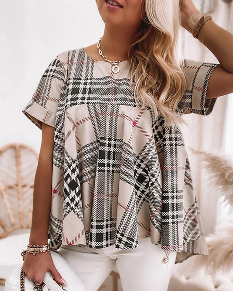 

Plaid Print Colorblock Short Sleeve T-shrt, Khaki