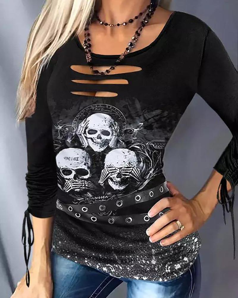 

Halloween Skull Graphic Print Bleached Ladder Cutout Top, Black