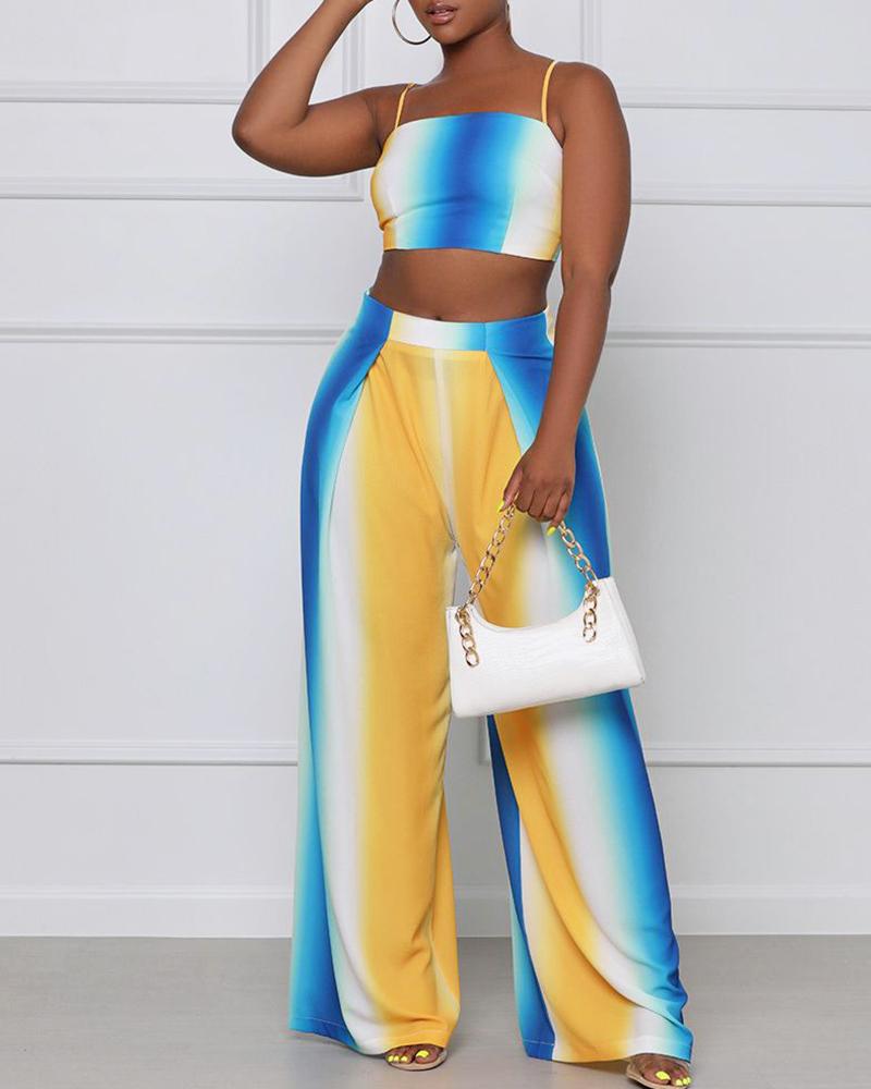 

Ombre Colorblock Tie Back Crop Top & High Waist Pants Sets, Blue