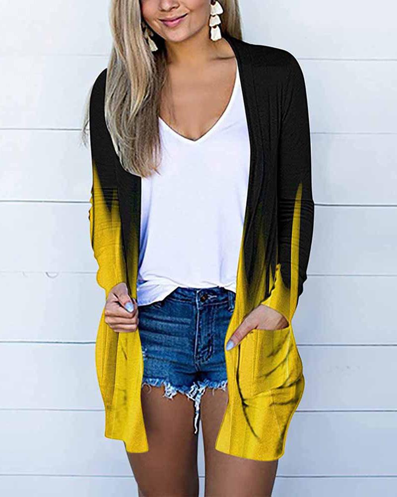 

Ombre Colorblock Pocket Detail Open Front Cardigan, Yellow